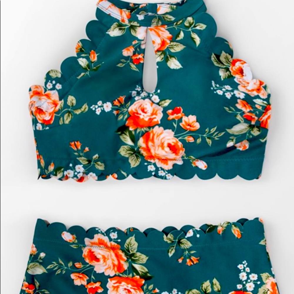 Brand New Teal Floral Scalloped Bikini in Medium